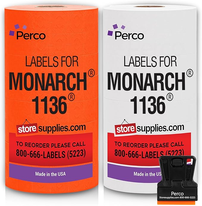 Perco White & Red Pricing Labels for Monarch 1136 28,000 Labels, 2 Sleeves, 16 Rolls Combo Pack Includes Label Scraper & Ink Rolls