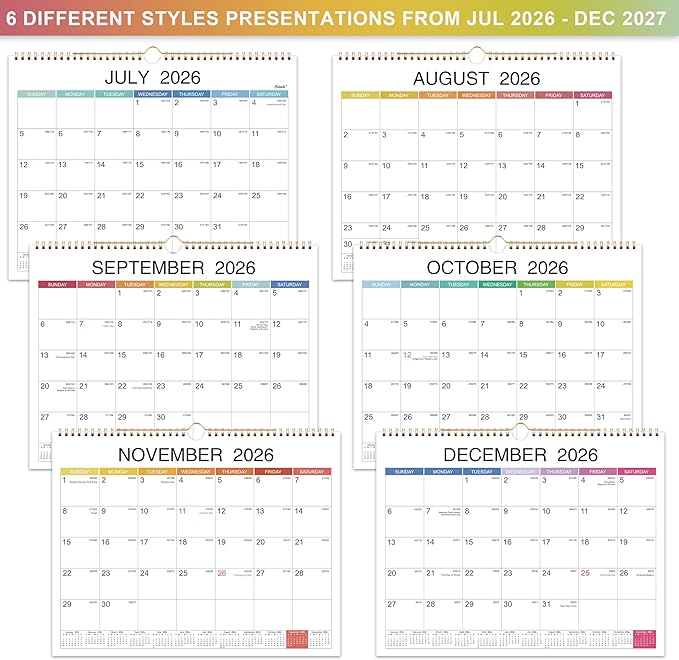 2026-2027 Wall Calendar - Jul 2026 - Dec 2027, 18 Monthly Hanging Calendar 2026-2027 Planner, 15" x 11.5", Spiral Binding, Yearly Overview, Holidays, Large Blocks, Perfect Organizer for Home & Office