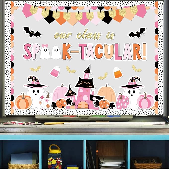 JarThenaAMCS 98 Pcs Halloween Ghost Bulletin Board Decorations Halloween Classroom Decoration Pink Cute Boo Pumpkin Bat Castle Cutouts with 150 Pcs Glue Points for School Library Wall Door Decor