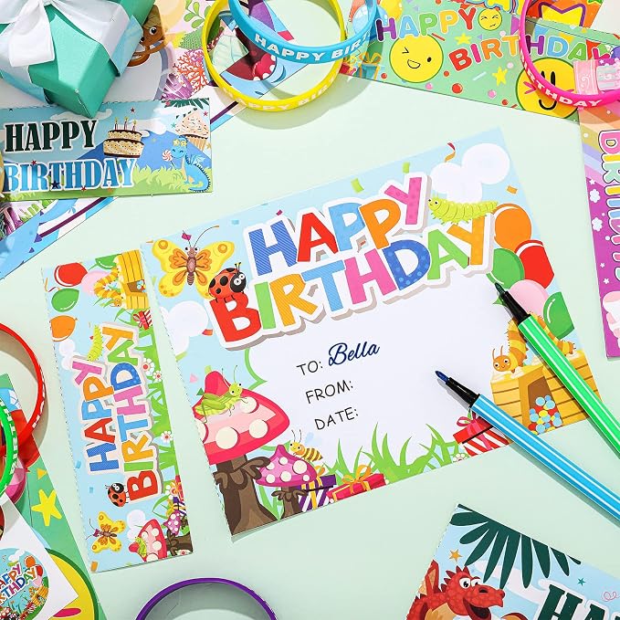 Honoson 108 Pcs Happy Birthday Certificates for Student Awards Happy Birthday Bookmark Rubber Wristband Stickers Back to School Classroom Supplies(Cute)