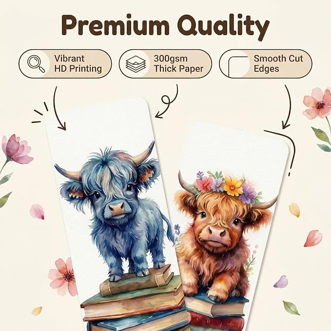 Highland Cow Bookmarks (10 Pack), 6''x2'' Cute Bookmarks Gifts for Graduation Readers & Book Lovers Double-Sided Bookmark for Women Men, Matte Laminated Round Corners Page Markers