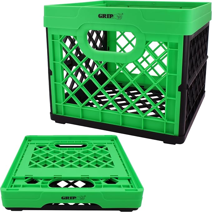 Grip Folding Stackable Storage Bin, Grn, 6 Gallon - Dimensions: 13" x 13" x 11" - Milk Crate - Capacity: 50 lbs - Heavy Duty Plastic - Collapsible Crate for Sporting Goods, Toys, Pool Toys, Files