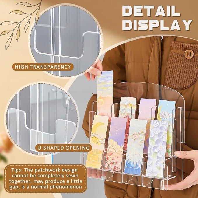 Yuntau Acrylic Bookmark Display, Adjustable 2. 2'' Bookmark Stand, Portable Sticker Holder, Curved Pockets Greeting Card Display for Business Vendor, Retail Store Shop(Detachable,8 Pockets)