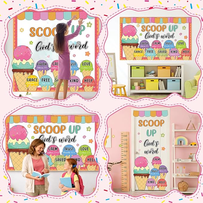 Summer Religious Bulletin Board Set Christian Bible Verse Classroom Decoration Summer Ice Cream Bulletin Board Inspirational Jesus Paper Cutouts for Sunday School VBS Church Home Chalkboard Wall Decor