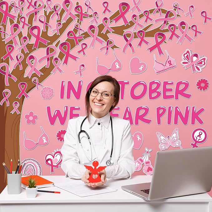 JarThenaAMCS 99 Pcs Breast Cancer Awareness Tree Bulletin Board Decoration Pink Ribbon Tree Paper Cutouts with 200 Pcs Glue Points for Party Home Classroom Office