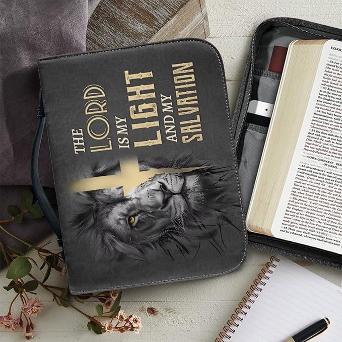 Retro Religious Style Cross Lion Bible Case with Bookmark Waterproof Bible Cover Case for Women Lightweight Bible Bag with Handle Pockets Church Book Bag Grey