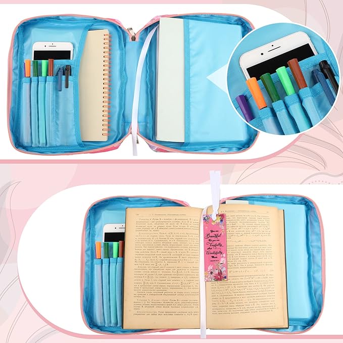 Laumoi Bible Cover Case for Women 10'' Flower Bible Holder Case Large Religious Carrying Bag for Women Study Christian Book Gift (Pink Flower)