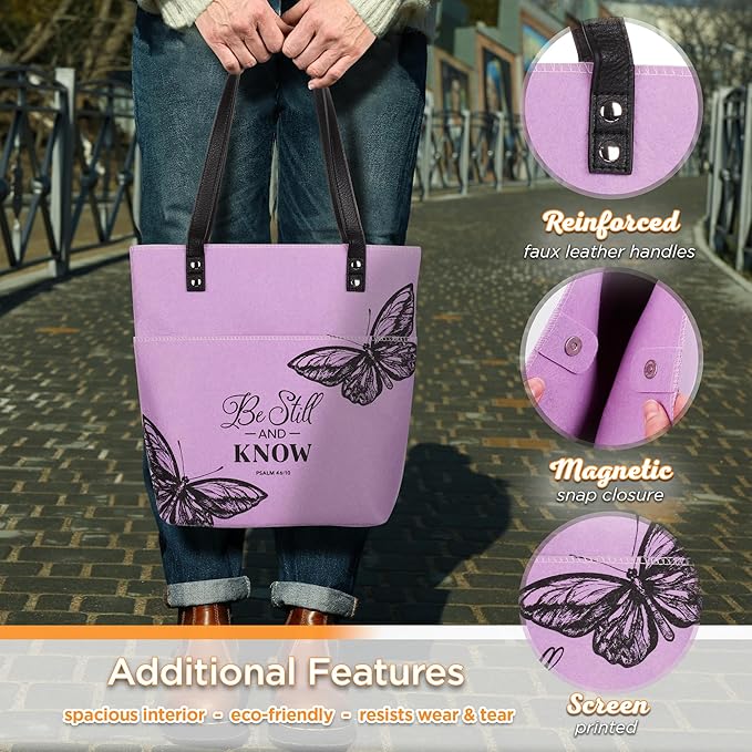 Christian Art Gifts Felt and Faux Leather Fashion Butterfly Cover Tote Bag for Women: Be Still and Know - Psalm 46:10 Inspirational Bible Verse, Purple & Black Durable Tote Bag for Books and Supplies