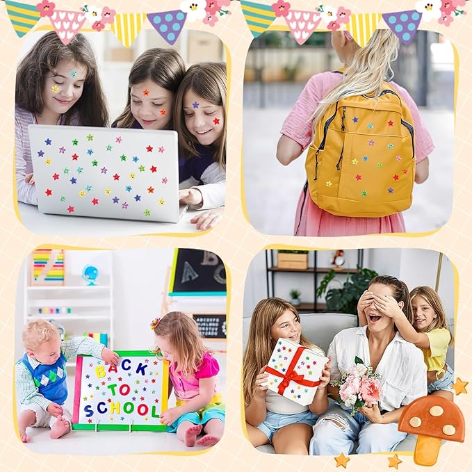 Janyun 6750 Star Stickers, 15 Designs Reward Smile Face Stickers for Kids, Glitter Foil Star Labels for School Students Teacher Supplies