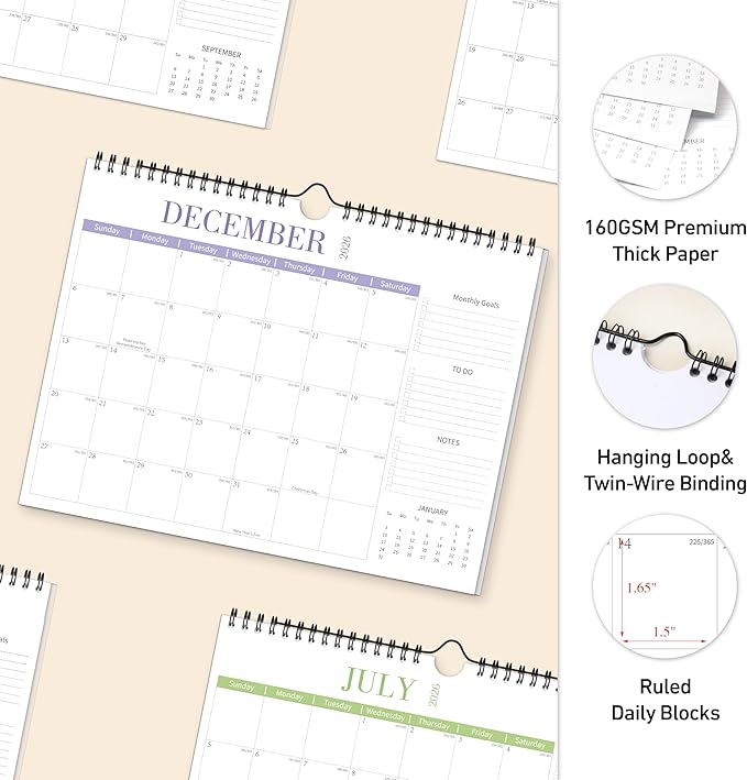 Aesthetic Wall Calendar 2026, 12 Monthly Horizontal Calendar January 2026 to December 2026, 14.5" x 11.5" Modern Wall Hanging Calendar for School, Home, Office for Monthly Organizing & Planning
