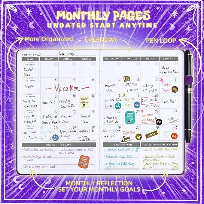 Undated Academic Planner Hardcover (5.5x8.5") - Flexible Weekly & Monthly Organizer with Stickers, Productivity Journal for Students & Professionals(Purple)