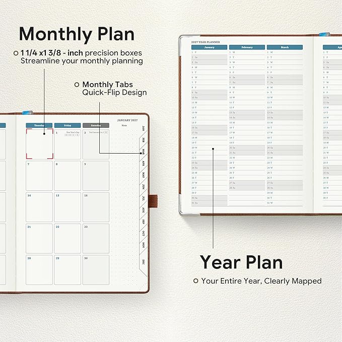 Planner 2026-2027 Weekly & Monthly Planner with Hourly Time Slots, 18 Month Academic Calendar July 2026 – Dec 2027, Vertical Layout, Monthly Tabs, Hardcover Business Agenda, Brown