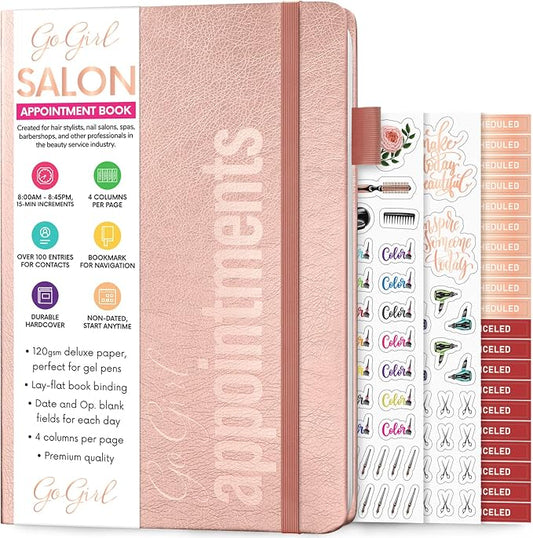 GoGirl Salon Appointment Book – Reservation Book for Beauty Salons, Spas, Hair Stylists, Estheticians – Appt Booking Planner, 7x10″ (Rose Gold)