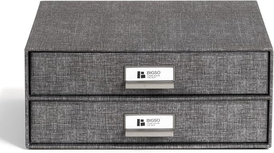 Bigso Birger 2-Drawer Canvas Fiberboard Easy Pull Handle Box - Desktop Drawers for A4 and Letter Size Papers - Desk Drawers with Metal Label Holder - 13.1in x 10in x 5.7in - Melange Grey