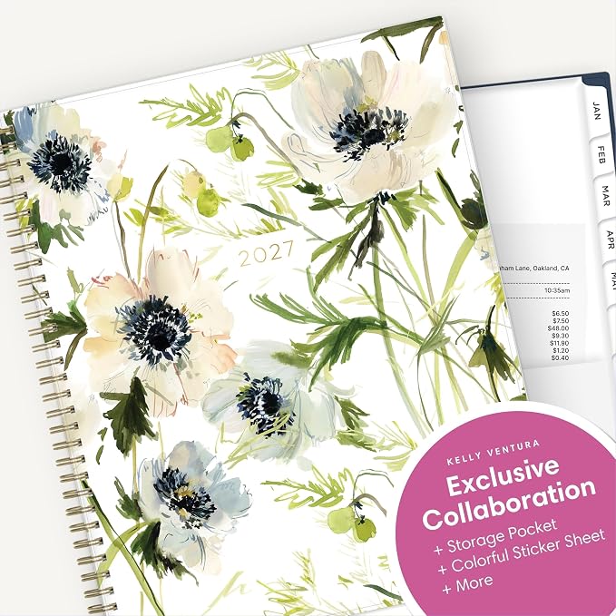 Blue Sky Kelly Ventura 2027 Weekly and Monthly Planner Calendar, January 2027 - December 2027, 8.5" x 11", Flexible Cover, Laminated Tabs, Durable Twin Wire Binding, Storage Pocket, Includes Sticker Sheet, Anemones