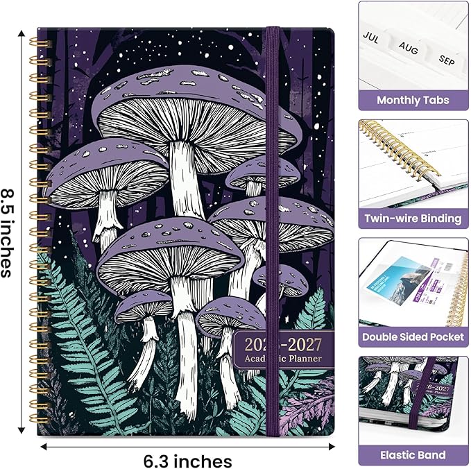 Planner 2026-2027, Academic Monthly and Weekly Calendar Planner for Women, July 2026 - June 2027, Hardcover Pretty Agenda Planner Book with Tabs, Spiral Daily Organizer for School Office Home Supplies, 6.3" x 8.5" - Enchanted Fungi