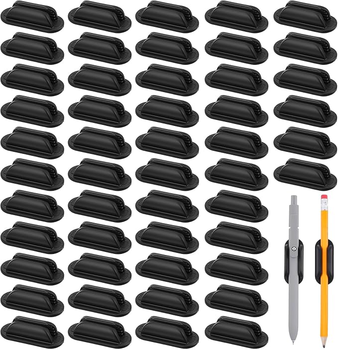 50 Pcs Adhesive Pencil Holders for Desk and Wall, Silicone Marker Organizer for Clipboard Reusable Teacher Supplies for Classroom School Office Desk Accessories (Black)
