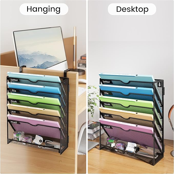 Hanging Wall File Organizer 6-Tier Wall Mount Mail Organizer & Desk Paper Organizer, Sleek Black Metal File Folder Holder for Office, Cubicle, Bedroom | All-in-One Document Storage Shelf