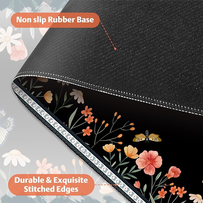 Desk Pad for Keyboard and Mouse, Large Mouse Pad for Desk, Non-Slip Keyboard Mat, Computer Mats for Desk, Cute Desk Pad with Stitched Edges for Office, Gaming I Black Butterflies Flowers