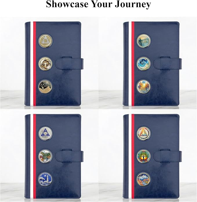 GALILEO® 3-Coin Pocket Double AA Book Cover | Showcase Your Journey | 12 Steps & 12 Traditions | PU Leather Coin Holder | AA Gift | Alcoholics Anonymous (Navy Blue/Stripe/ 3 Medallion Pockets)