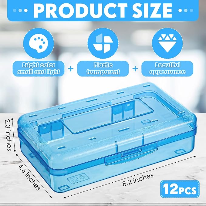 Leelosp 12 Pack Clear Pencil Boxes for School Bulk, Large Plastic Pencil Case with Lid, Stackable Hard Crayon Storage Box for Classroom Kids, Desk Drawer Organizer for Office Home(Blue)