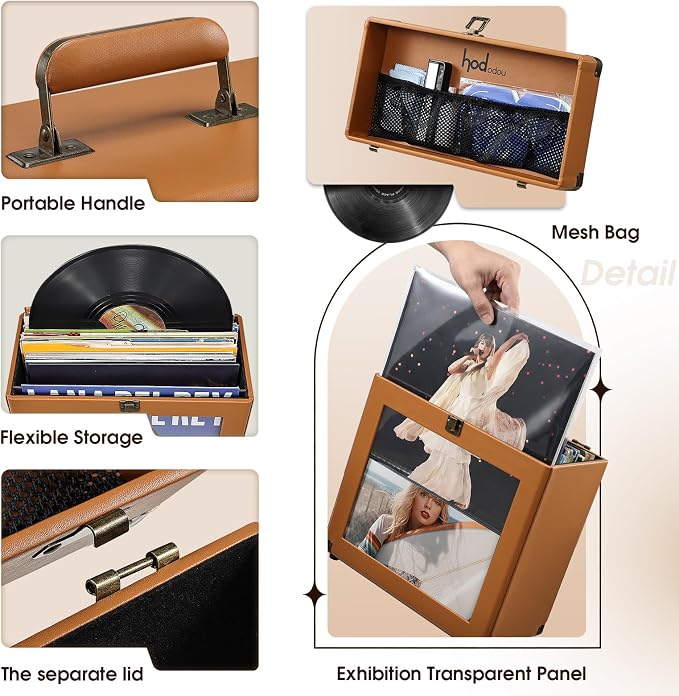 Hododou Vinyl Record Storage Box with Lock Record Organizer Storage for 30+ Single Records 12-inch Water Resistant Collapsible Storage Crate with Lid Handle Mesh Pouch for Vinyl Collect Acrylic Brown