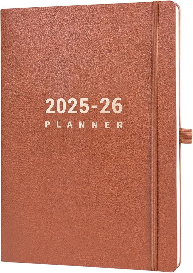 2025-2026 Planner - July 2025 - June 2026, Planner 2025-2026 Daily Weekly and Monthly, 8.5" x 11", Pen Holder, Calendar Stickers, Pocket, 25 Notes Pages, Faux Leather Cover, A4 Premium Paper - Brown
