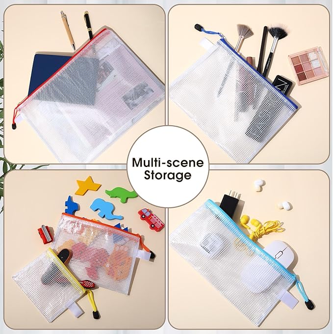 Kisston 100 Pcs Mesh Zipper Pouch Bags Bulk, 8 Sizes Plastic Zipper Bags, 8 Colors Waterproof File Pouches for Organization, Multipurpose Travel Pouches for Travel, Office, Board Game