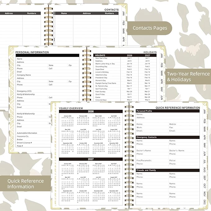 2026 Planner, Jan.2026 - Dec.2026 Planner Weekly and Monthly 6.25"x8.5" with with Page Tabs, Calendar Hardcover with Inner Pocket, Elastic Band, Twin-Wire Binding, Bookmark, Gray Pink Leopard