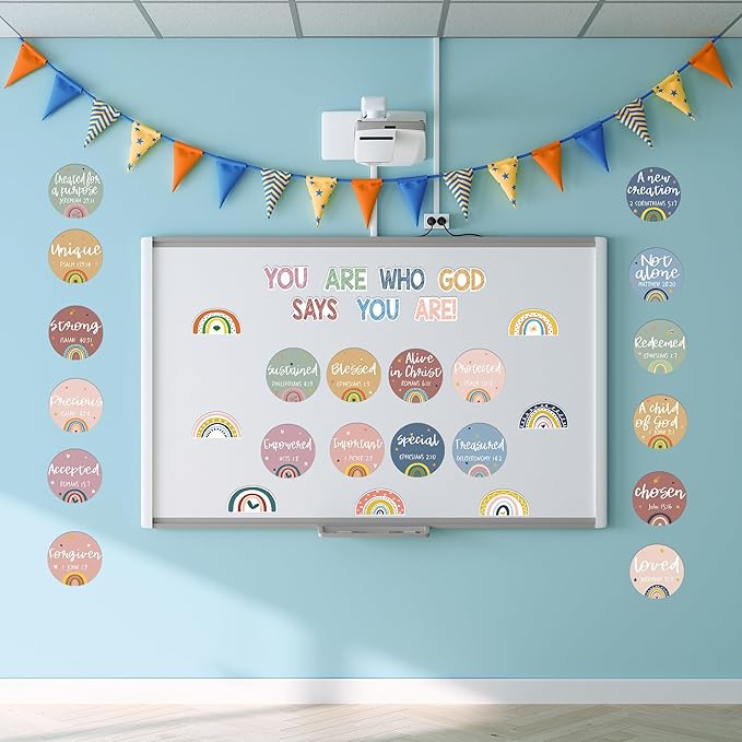 Christian Bulletin Board Decorations - Bible Verses Inspirational Bulletin Board Sets Motivational Cutouts God Says You are Religious Classroom Wall Decor for School Home Church Supplies（Boho Rainbow