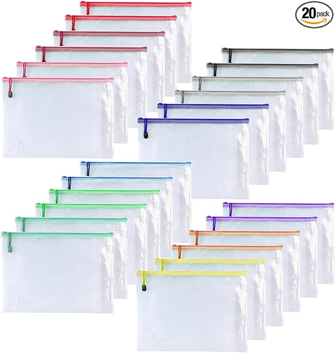 OAIMYY-20 Pcs 7"x 11" Mesh Zipper Pouch Bags, Zipper Bags for Organizing Storage,Zipper Pouches, Letter Size, File Bags for School,Puzzle, Board Games and Office Supplies (Color)