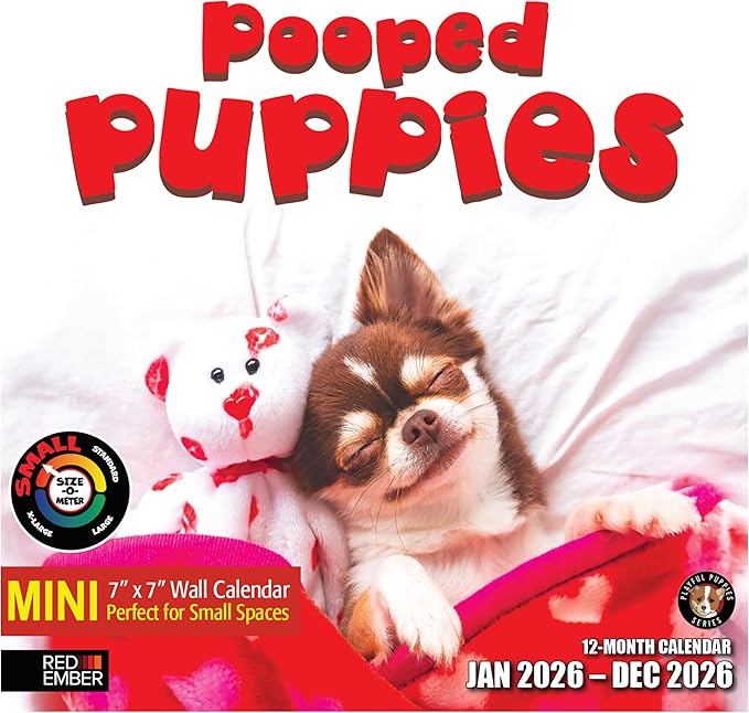 RED EMBER Pooped Puppies 2026 Mini Wall Calendar 12 Month | 7" x 14" Open | Thick & Sturdy Paper | Giftable | Cute Funny Puppy Dog Calendar 2026