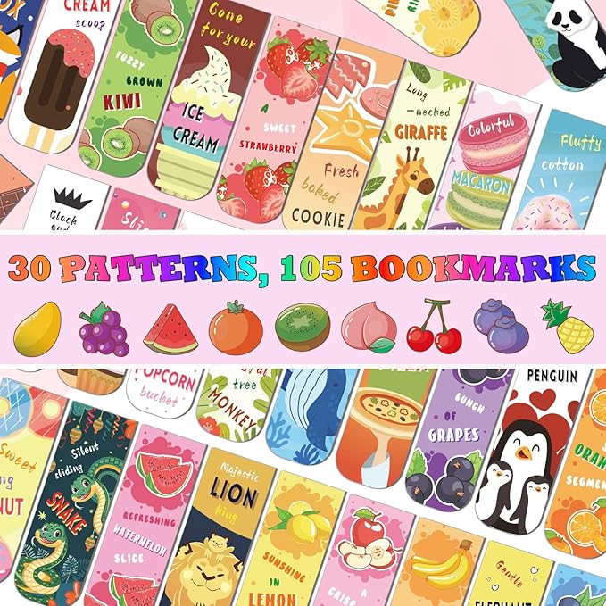 105 Pack Magnetic Bookmarks for Kids,Cute Page Markers,Back to School Gifts for Students Teachers，Easter Basket Stuffers 30 Styles(Fruit Food Animals)