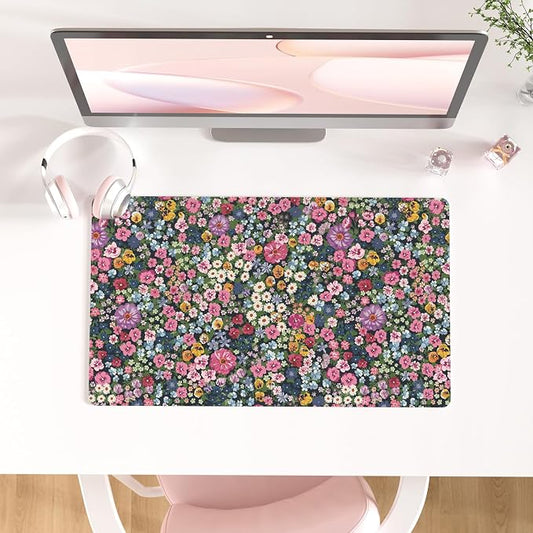 Colorful Star Large Mouse Pad, Floral Desk Mat Office Supplies, Waterproof Faux Leather Big Gaming Mousepad for Women Girls, Blooming Flowers Desk Pad Home Office Décor Accessories 23.6" x 13.8"