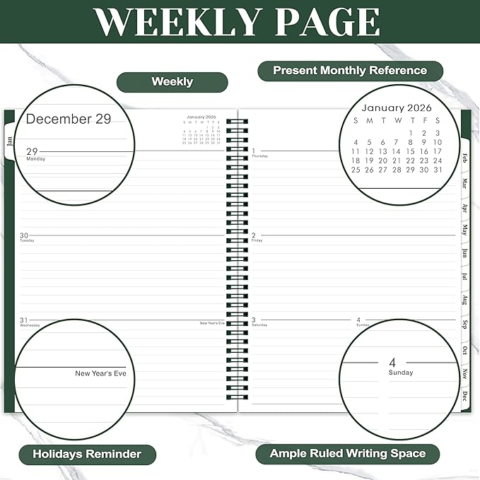 2026 Planner - JAN.2026 - DEC.2026, 2026 Planner Weekly and Monthly, 9" x 11", 2026 Calendar Planner, Weekly and Monthly Planner 2026 with Tabs, Twin-wire Binding, Pocket - Green