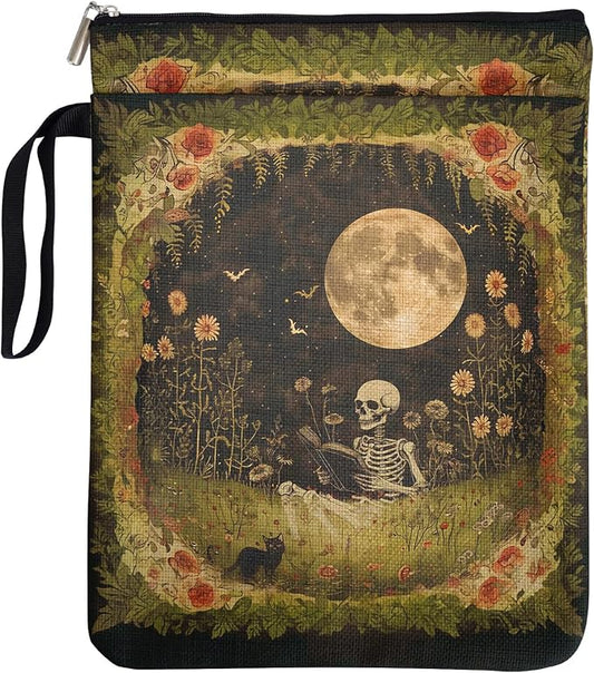 Dark Academia Gifts for Book Lovers - The Reader Skeleton & Floral Book Sleeve | Vintage Waterproof Book Cover for Bookworm Teachers Librarian, Halloween Reader Gifts