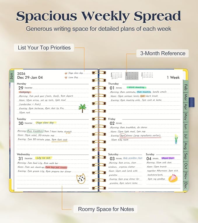 2026 Planner, Hardcover Weekly and Monthly Planner for Women, January 2026 - December 2026, Spiral Yearly Agenda Organizer Book 2026 with Tabs, Daily Calendar Planners for School Work Home, A5 (5.75" x 8.38"), Seaside Sunset