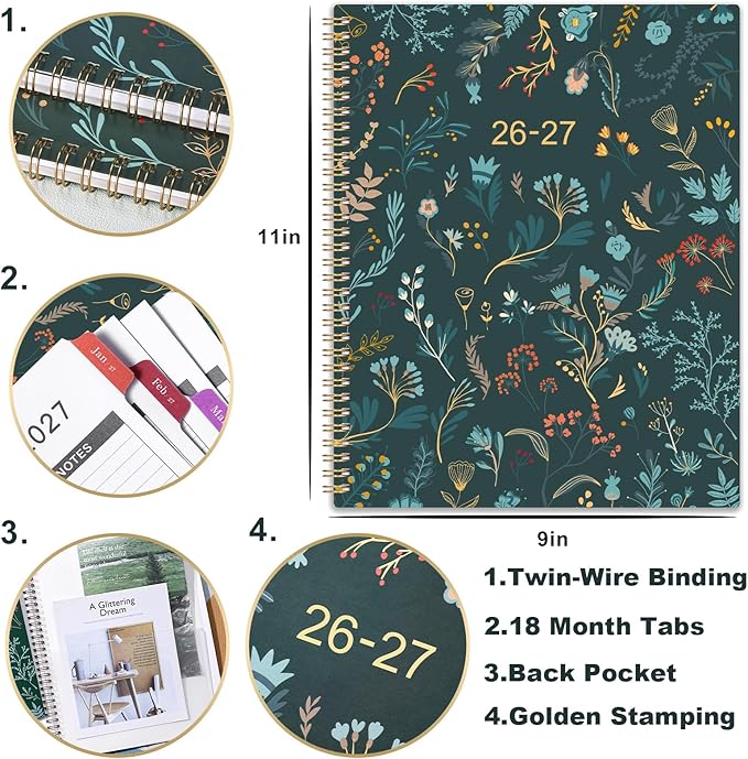 2026-2027 Monthly Planner - Planner 2026-2027, Monthly Calendar 26-27, Jul. 2026 - Dec. 2027, 9" x 11", 18 Month with Colourful Tabs & Pocket, Flexible Cover, Twin-Wire Binding, Thick Paper - Green