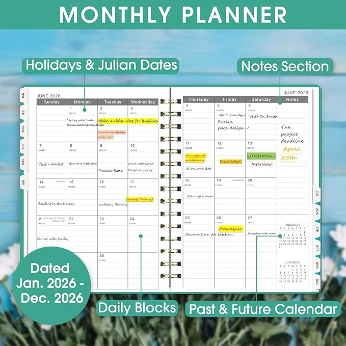 Ymumuda Academic Planner 2026, Daily Weekly and Monthly Calendar Planner (Jan. 2026-Dec. 2026),8.4"×6.3", Hardcover Notebook Teacher Supplies, Premium Thick Paper, Planners for School Work Office