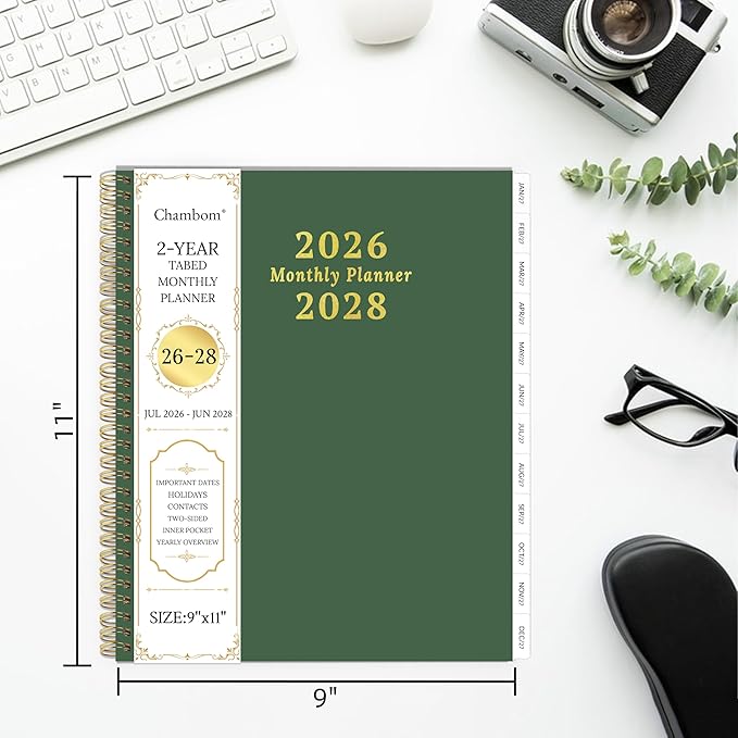 2026-2028 Monthly Planner, 2 Year Monthly Planner/Calendar 2026-208, Jul 2026 – Jun 2028, 9" x 11", Tabs, Double-Side Pocket, Holidays, Thick Paper - Dark Green