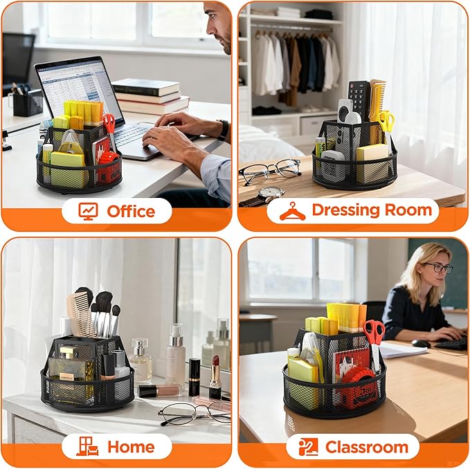 Docnest 360° Rotating Pen Holder,Heavy-Duty Metal Mesh Desk Organizer with 6 Compartments for Pencils,Scissors & Markers –Space Saving Office Supply for Teachers, Students & Home Desk-Black