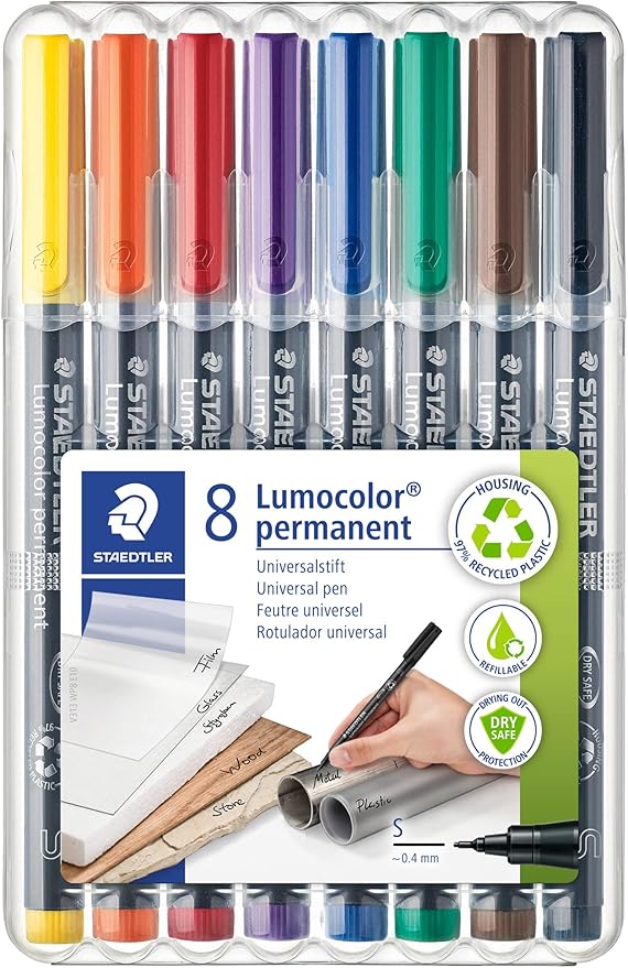 STAEDTLER Lumocolor Permanent Universal Pen: Set of 8 Permanent Markers, Assorted Colors, Superfine Felt Tip 0.4mm - Multi Surface, Quick Dry, Smudge-Proof, & Waterproof - For Home, School, & Office
