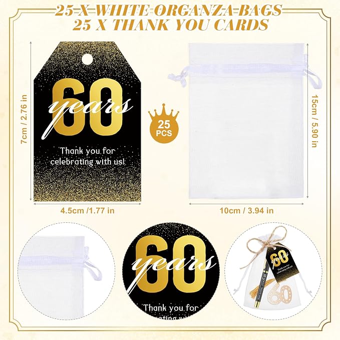 Spakon 25 Set 60th Birthday Party Favor for Guest Anniversary Party Favor Golden Birthday Bookmark Thanks Coming Pen with Tag Appreciation Gifts for Women Men Wedding Anniversary