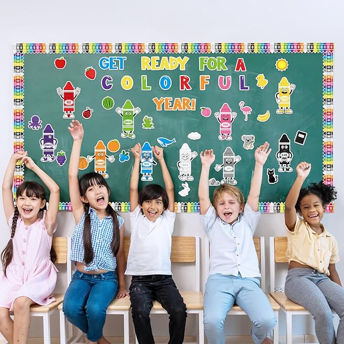 117Pcs Back to School Color Bulletin Board Set, Color Crayon Poster Cutouts Colorful Crayon Border Trim Classroom Decoration Toddler Preschool Learning Supplies for Chalkboard Wall Decor