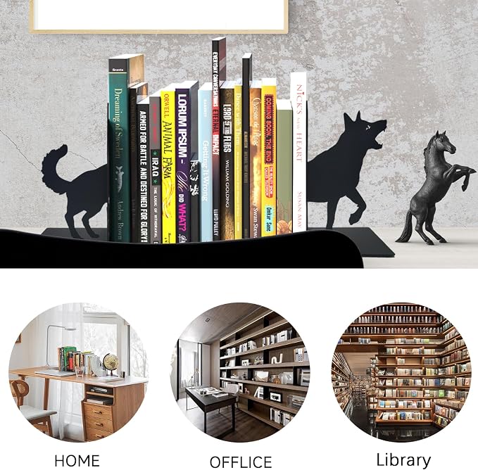 ENCIMART Dog Book Ends Decorative for Shelves, Black Metal Bookend Supports for Heavy Books, Book Stoppers for Home Office Desktop Organizer for Men and Book Lovers Gift