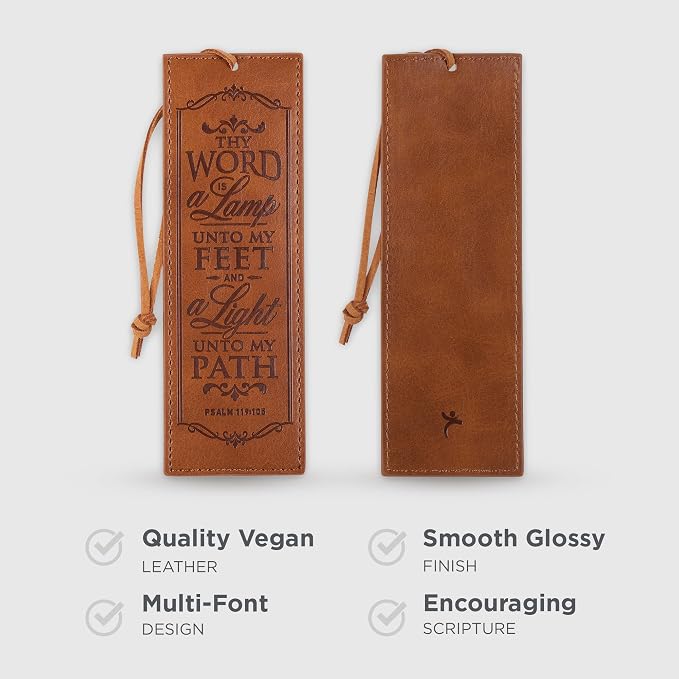 Christian Art Gifts Vegan Faux Leather Scripture Bookmark for Men & Women: Thy Word is A Lamp - Psalm 119:105 Inspirational Bible Verse, Heat-Debossed, Faith-Based Reading Accessory with Cord, Brown