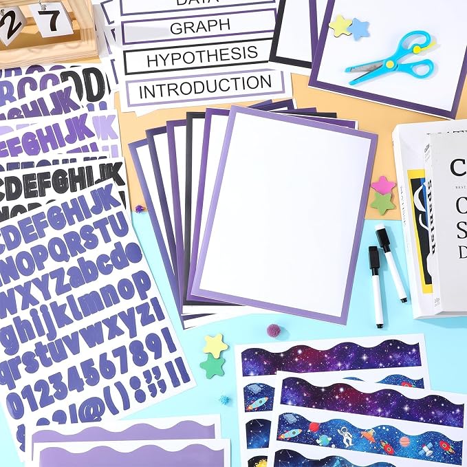 129Pcs Planet Space Science Fair Board Supplies Includes Self Adhesive Science Fair Project Titles Subtitles Presentation Bulletin Border Letter Stickers Scalloped Bulletin Border for Classroom Office