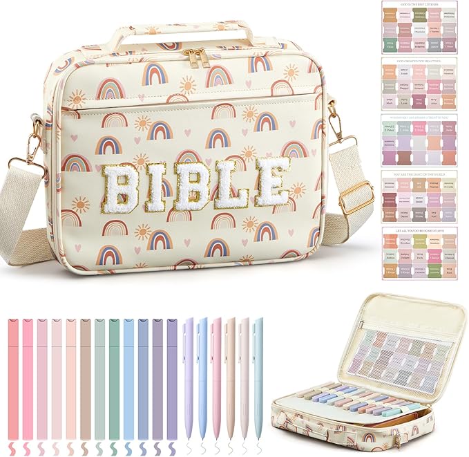 Sinload Large Bible Cover Case for Women, Bible Study Supplies Journaling Kit Chenille Letter PU Leather with Tabs Gel Pen Highlighters with Strap Easter Mothers Day Christian Gifts for Women Mom