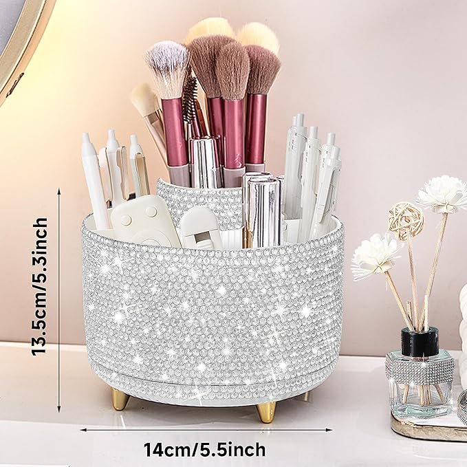 Yi-gog 360°Rotating Makeup Organizer Brush Holder with DIY Diamond Gifts Women Girls Vanity Desktop Office Dresser Bedroom