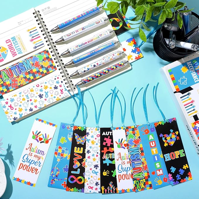Motiskyy 48 Pcs Autism Awareness Pens and Bookmarks Bulk Breast Cancer Mental Health Accessories Colorful Autism Awareness Stuff for Social Charity Public Event Education Supplies Motivational Gifts